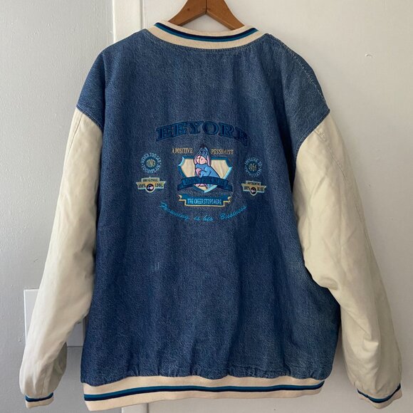 Vintage Disney Winnie The Pooh EEYORE Denim Button Quilted Varsity Jacket XL - Picture 6 of 10